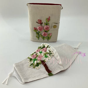 Pink Tiny Rose Embroidery Passport Wallet & Silk Mask, Wedding Gift, Versatile